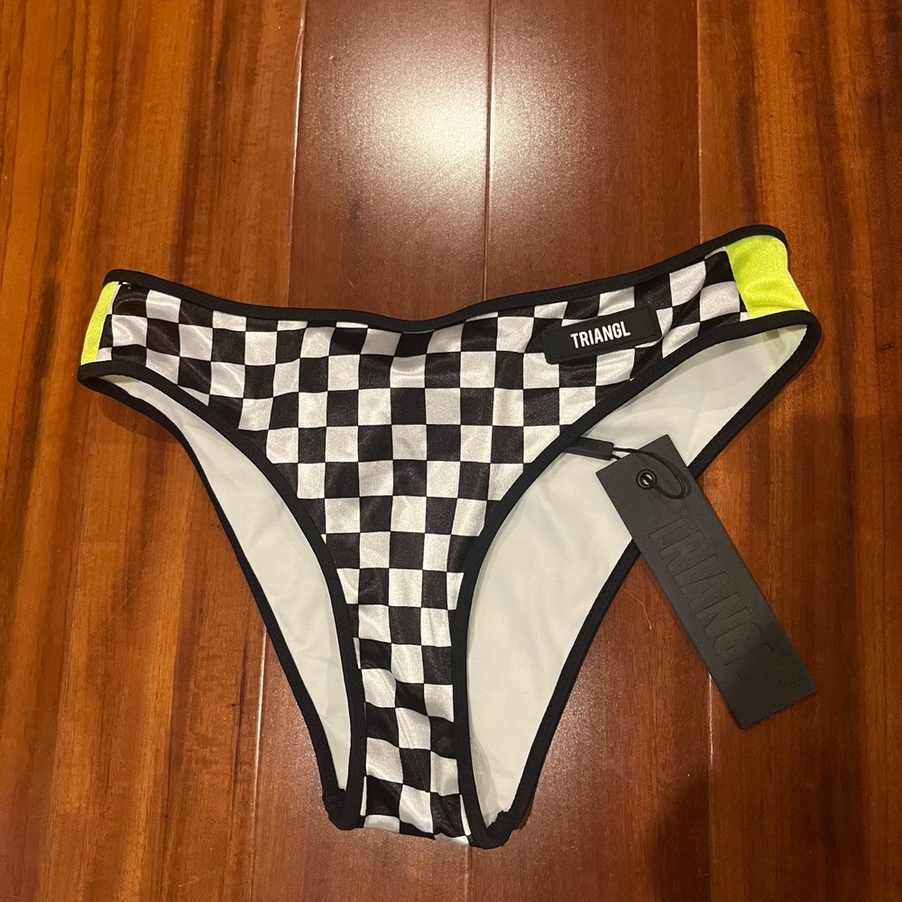 New NWT TRIANGL Black White Neon Bikini Bottom Checkered Swim Sz Extra Small XS‎